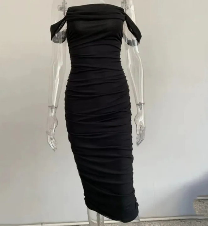 Tube top off shoulder pleated slit dress