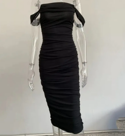 Tube top off shoulder pleated slit dress