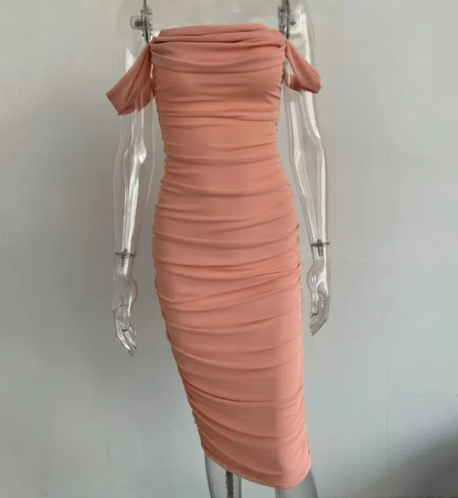 Tube top off shoulder pleated slit dress