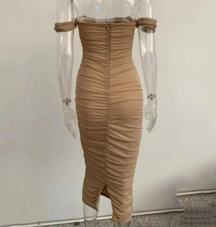 Tube top off shoulder pleated slit dress