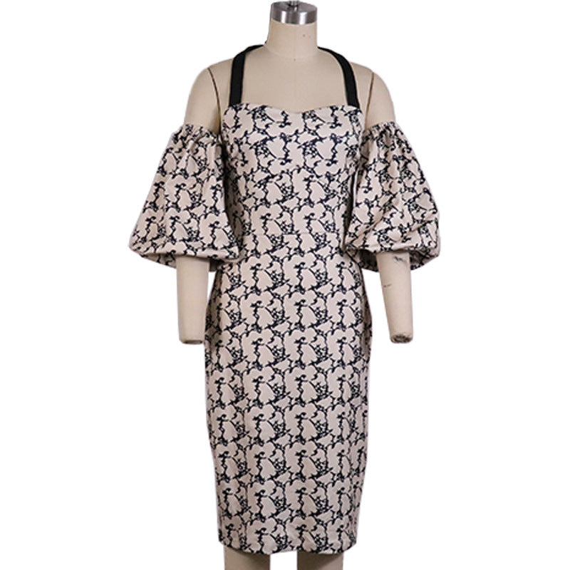 Apricot Printed Off-Shoulder Dress