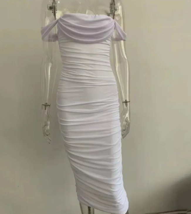 Tube top off shoulder pleated slit dress