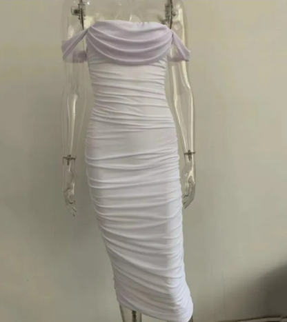 Tube top off shoulder pleated slit dress