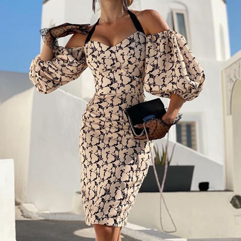 Apricot Printed Off-Shoulder Dress