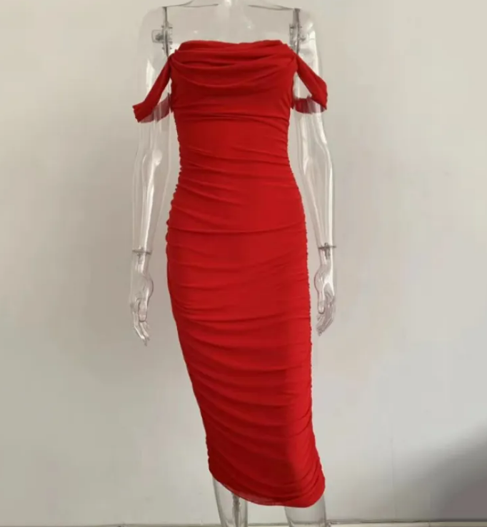 Tube top off shoulder pleated slit dress