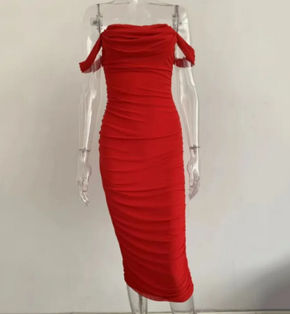 Tube top off shoulder pleated slit dress